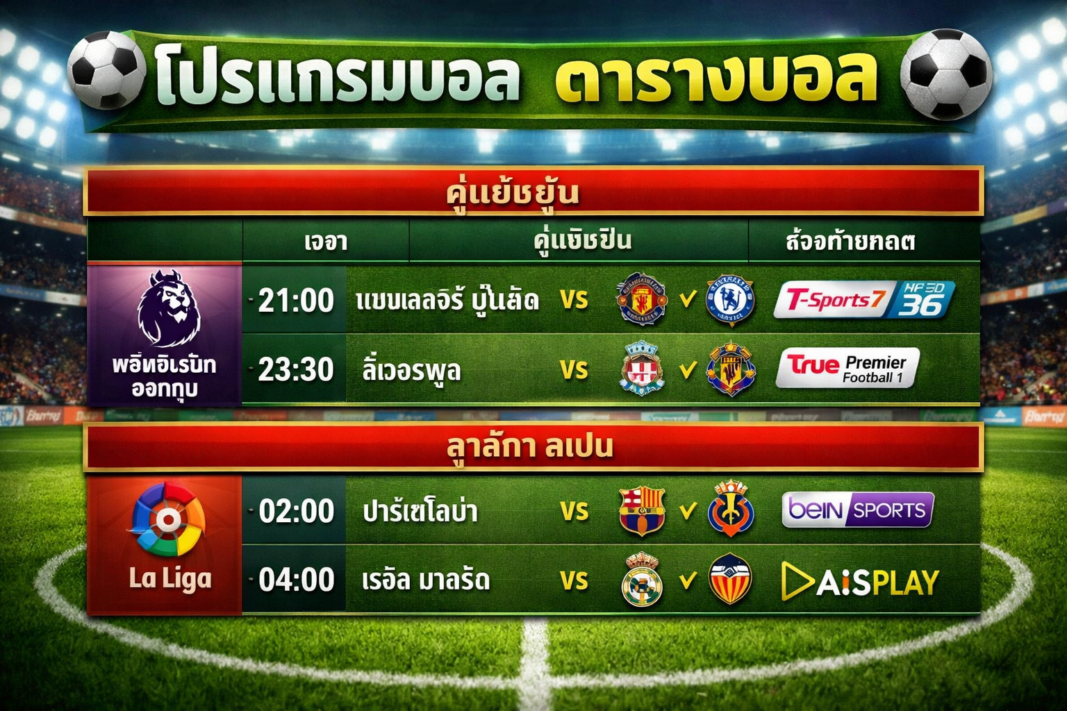 โปรแกรมบอล ตารางบอล